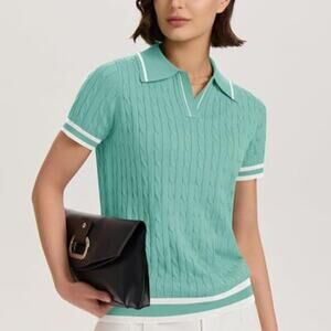 Women’s Short Sleeve Lightweight Cable Knit Sweater Top Mint Green V-Neck Blouse